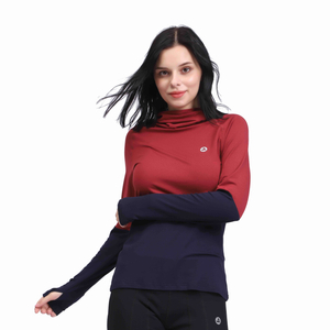 Women Cowl Neck Thumb Holes Long Sleeve Color Block Pullover Hoodie